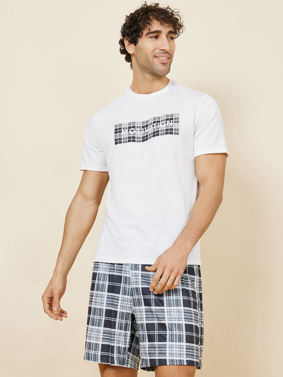 Slogan Print T-shirt and Checked Shorts Sleepwear Set For Men at