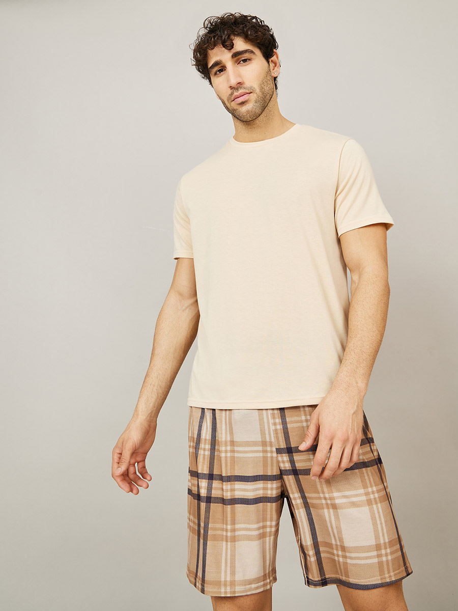 Solid T-Shirt & Checked Shorts Sleepwear Set