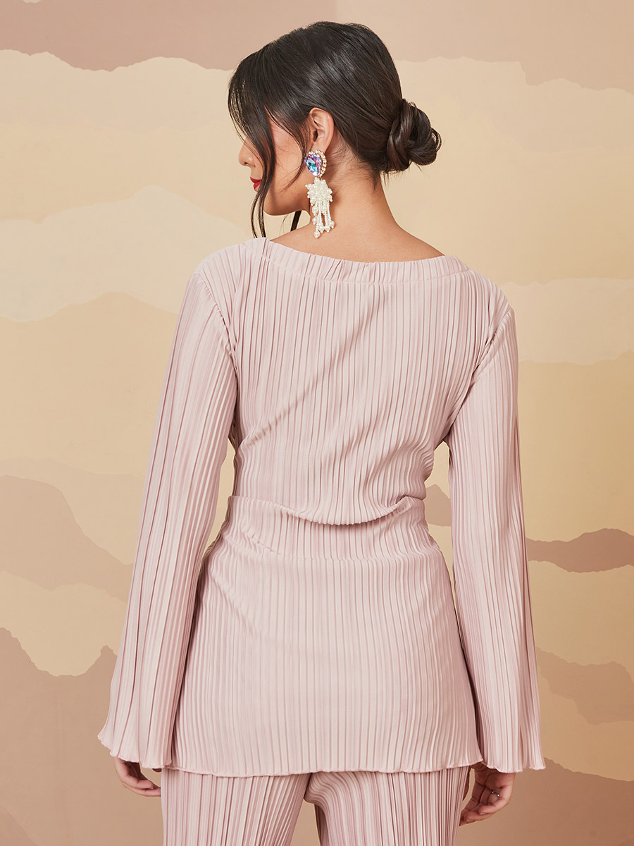 Buy Pleated Flared Sleeves Tunic Top with Front Tie Up Pink