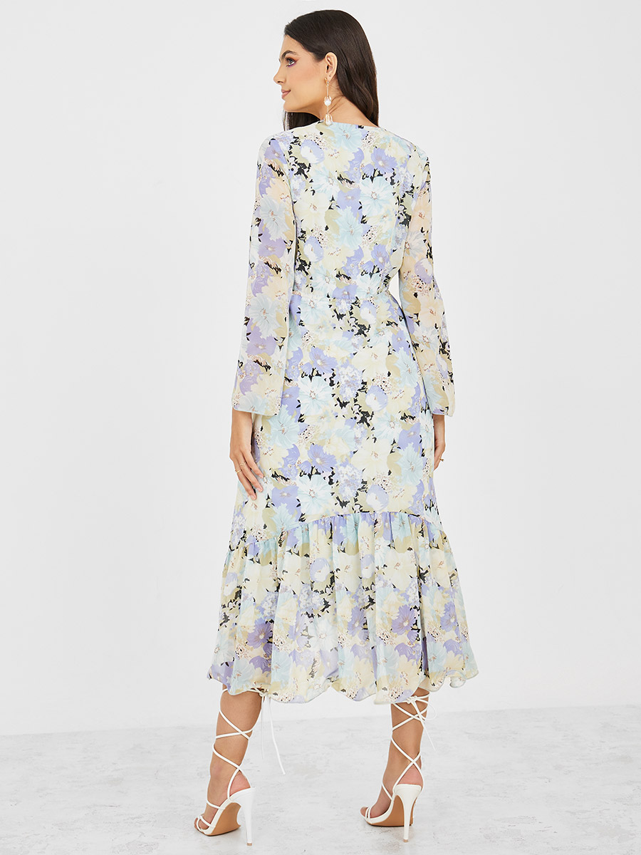 Floral Print Tie Up Neck A Line Midi Dress