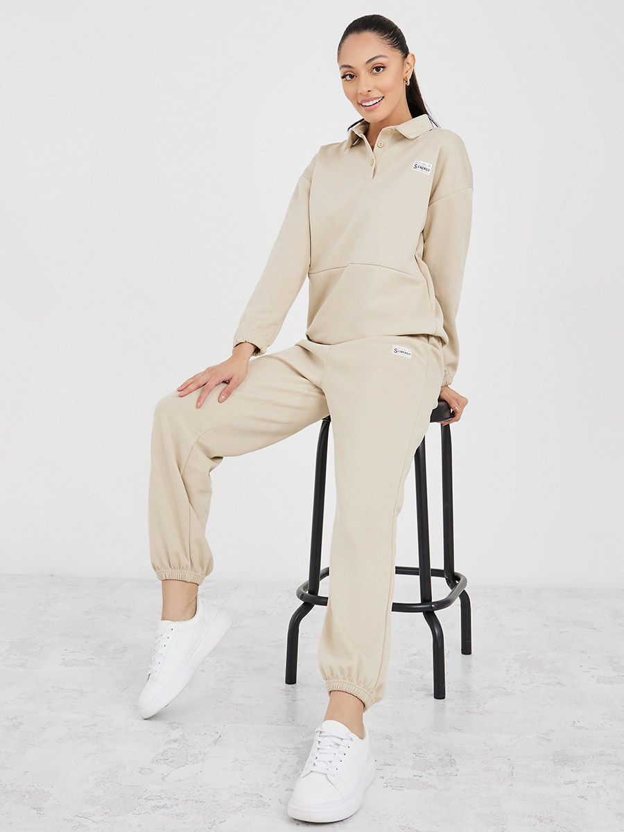 Jogger Set Cream Polo Sweat Suit Long Sleeve Polo Shirt Polo