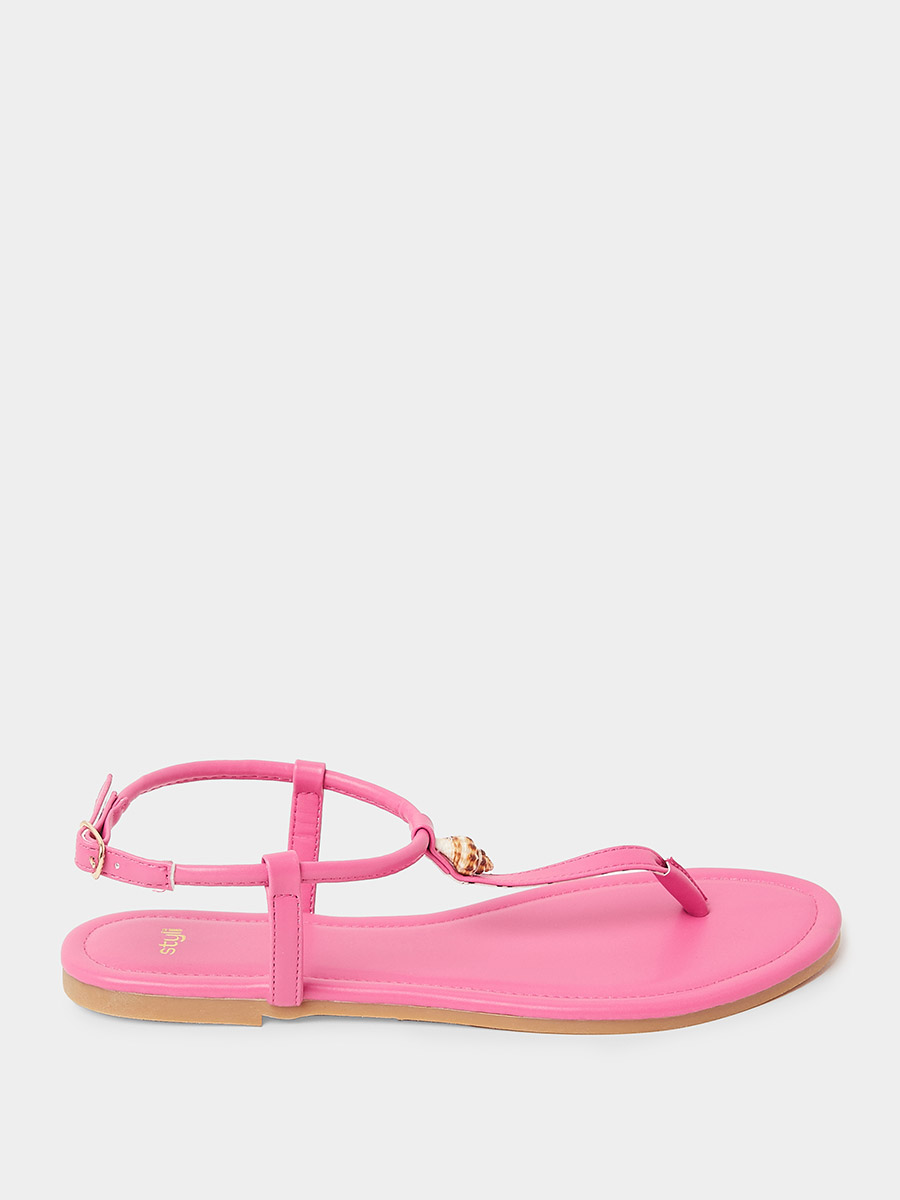Buy Shell Accent T Strap Flat Sandals Pink For Women Styli Saudi