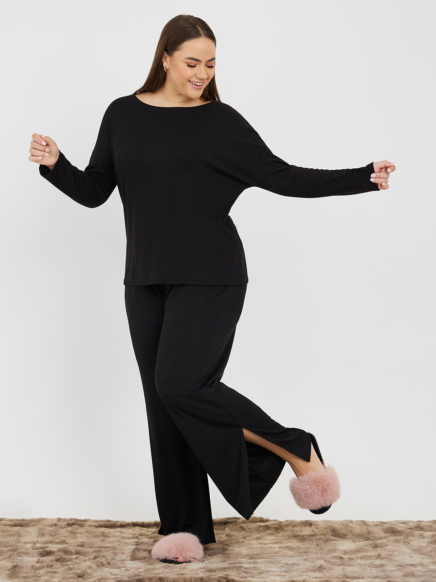 Plus Supersoft Rib Long Sleeves Top and Side Split Trouser Slouchy