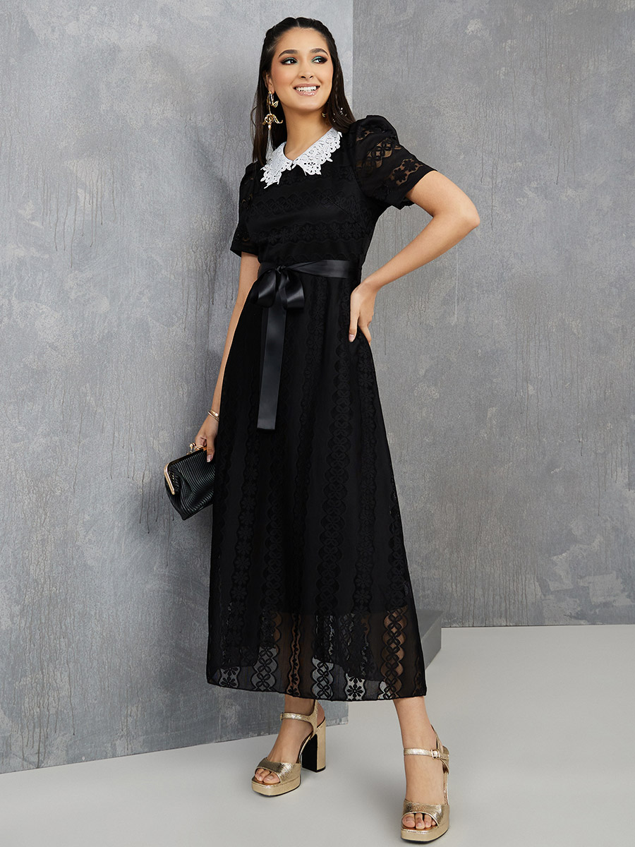 Buy Puff Sleeve Lace Collar A-Line Maxi Dress with Tie Belt