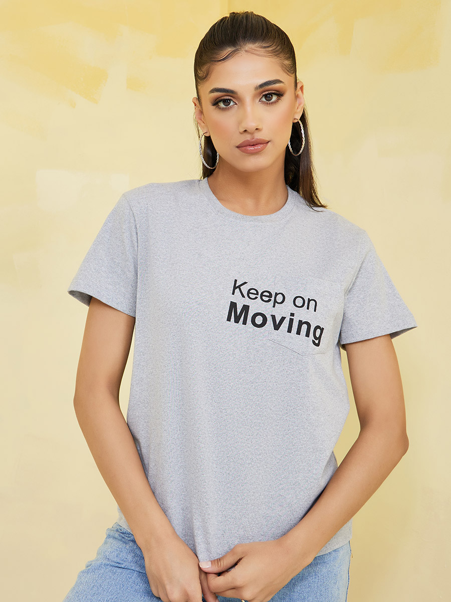 Regular Fit Keep It Moving Pocket Slogan T-Shirt