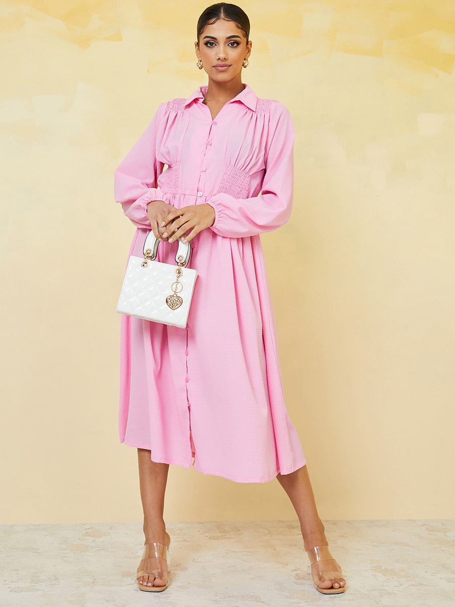 Buy Textured Balloon Sleeve A-Line Midi Dress Pink For Women