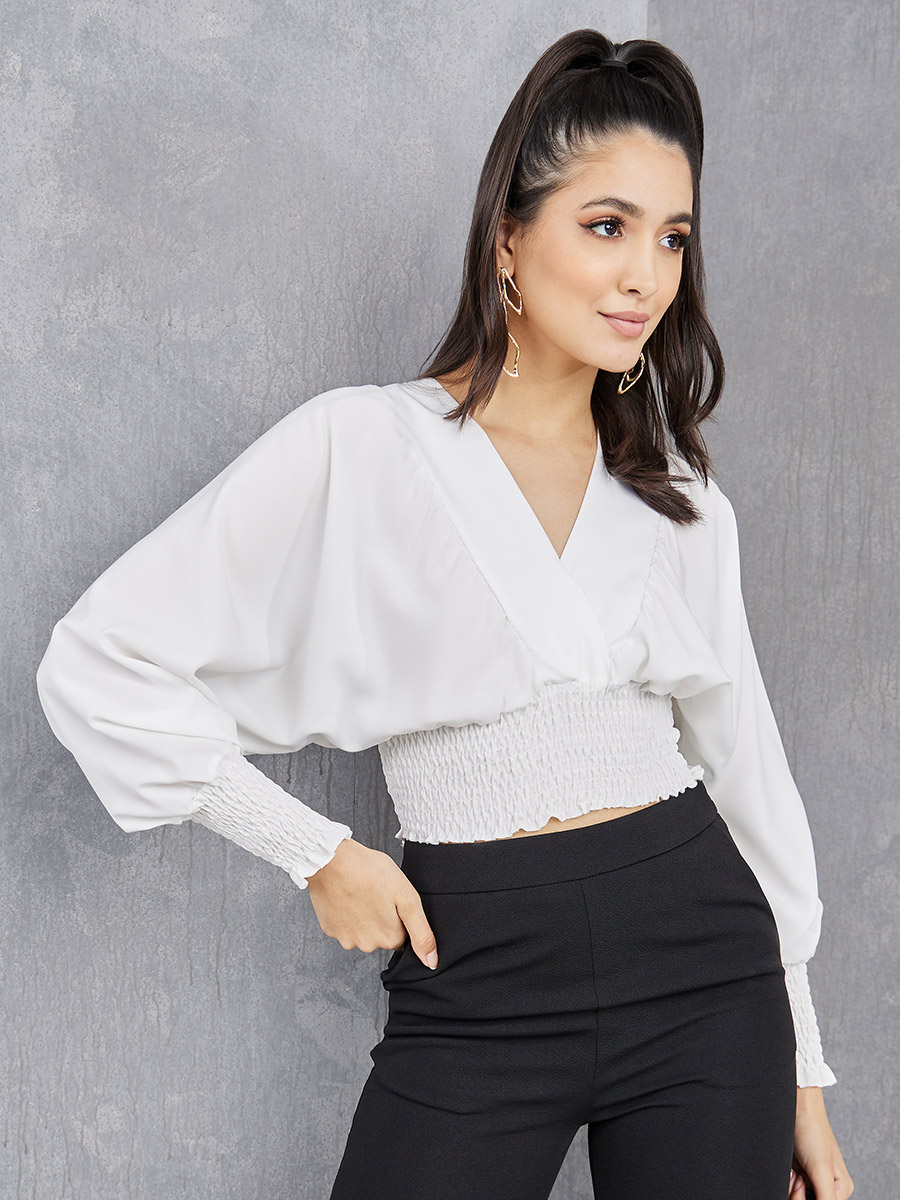 epine Eé rib balloon tops white Buy Balloon Sleeves Shirred Detail Crop Blouse White For