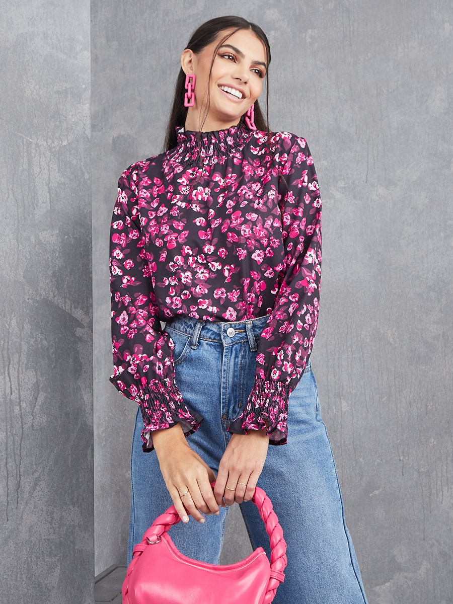 smocked high neck blouse