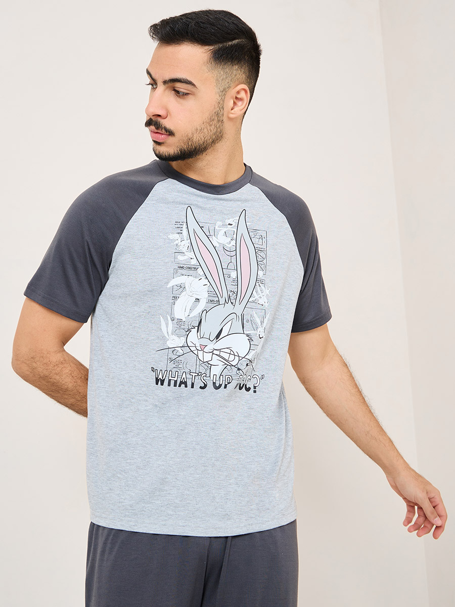 Bugs Bunny Character Print T-shirt and Slogan Print Pajama Sets