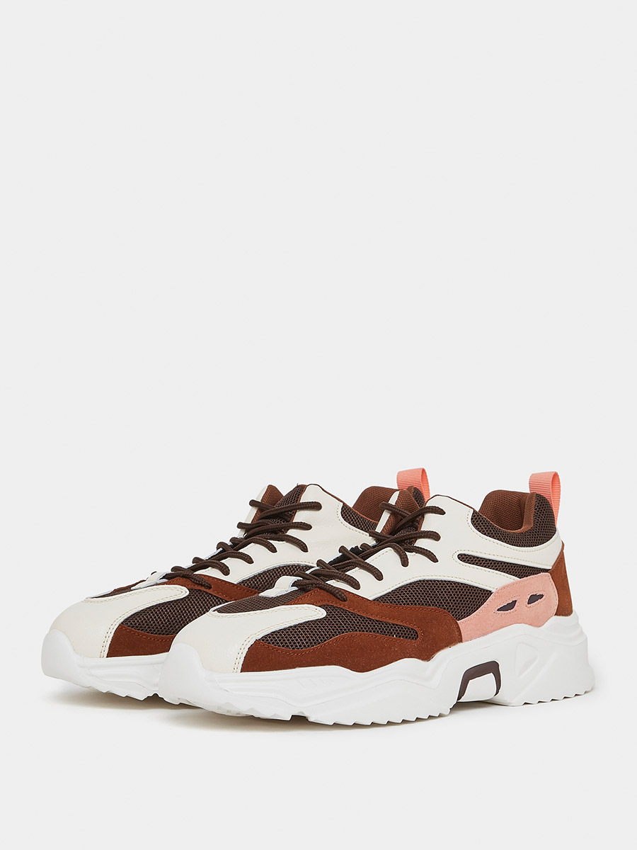 Buy Textured Lace-Up Chunky Sneakers with Pull Tab Brown For