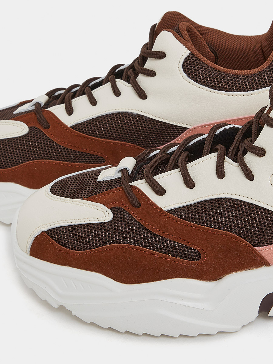 Buy Textured Lace-Up Chunky Sneakers with Pull Tab Brown For