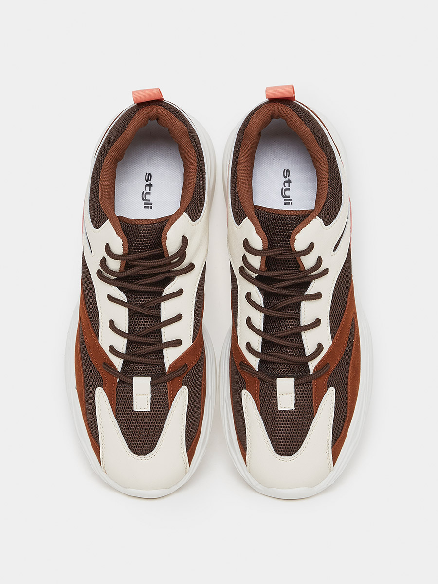 Buy Textured Lace-Up Chunky Sneakers with Pull Tab Brown For