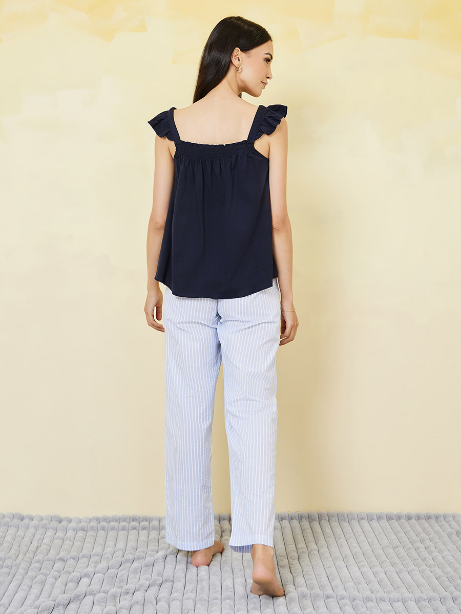 Cotton Ruffle Sleeves Vest and Striped Pyjama Set