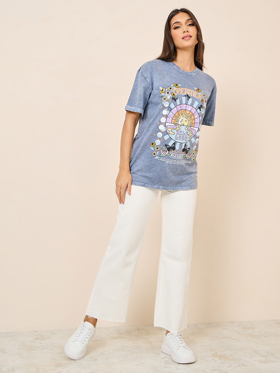 Buy Acid Wash Dreamer Graphic Oversized Longline T-Shirt