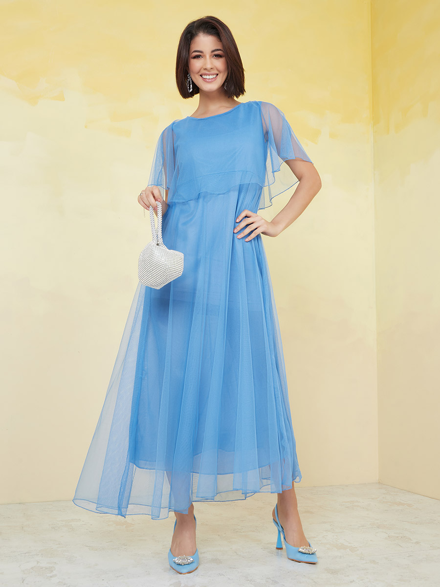★mohae★ Tie layered dress _ blue Lady Shiny Mesh Tiered Dress Stars Sequins Knee Length