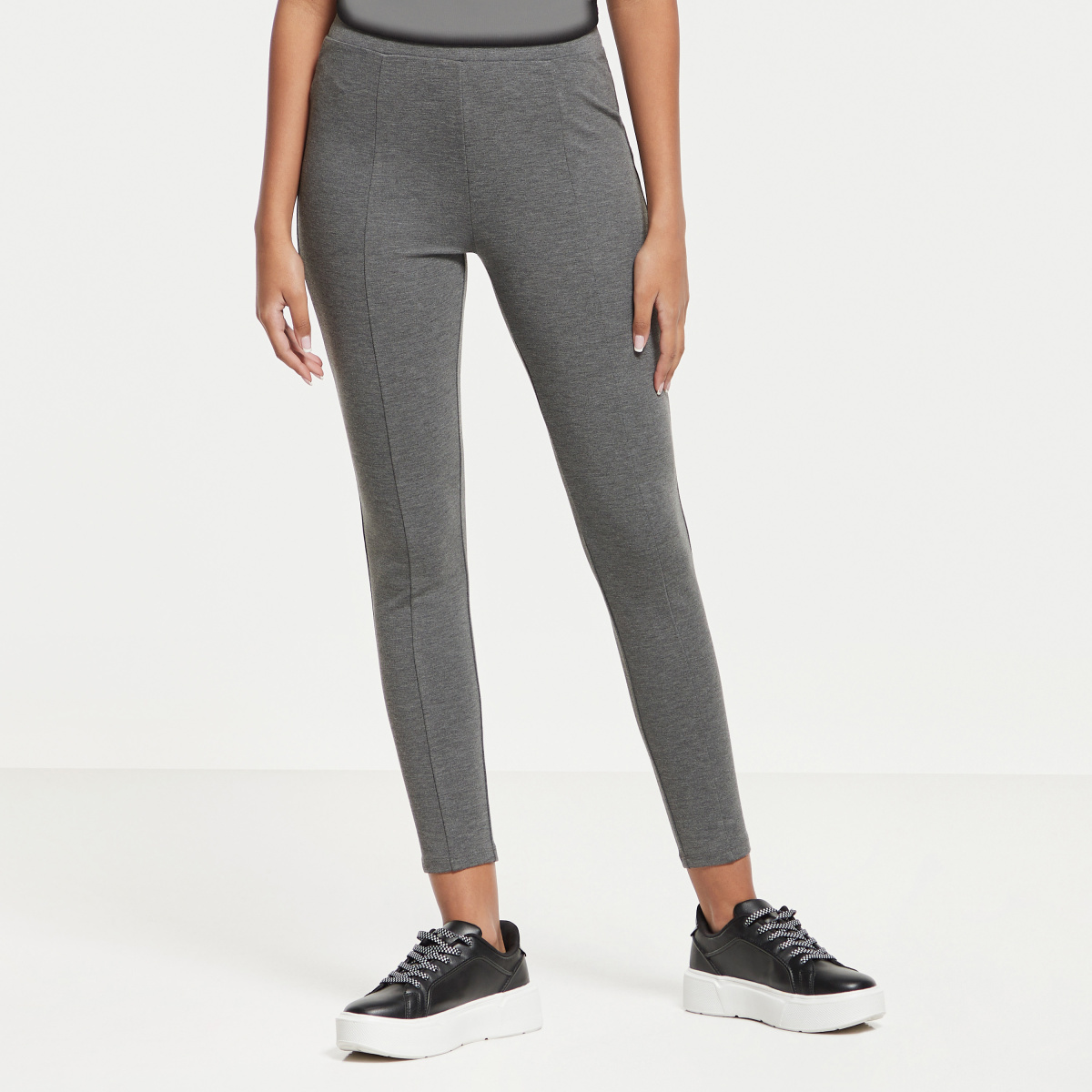 Buy Solid Mid-Rise Leggings with Elasticated Waistband