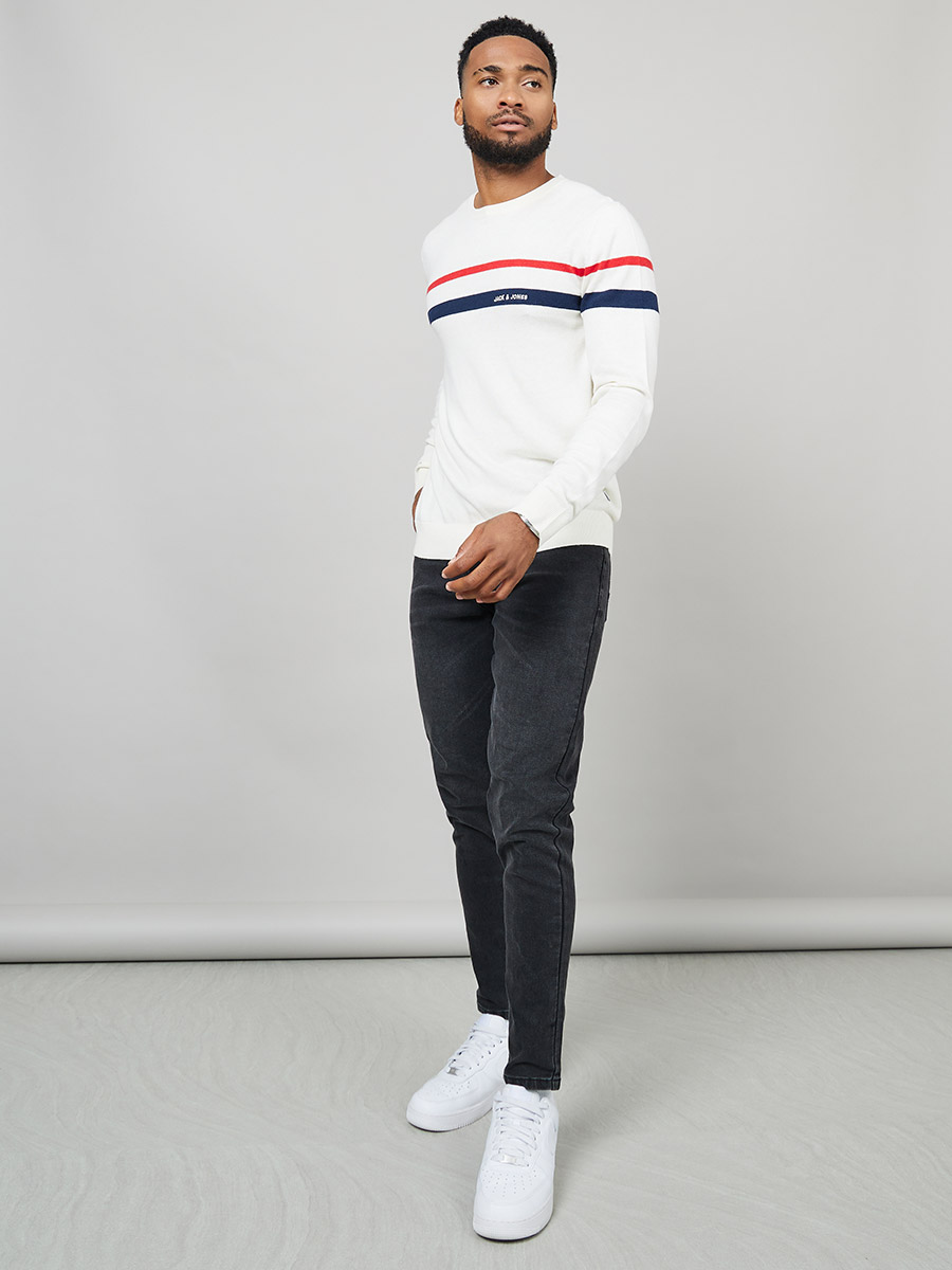 Buy Knitted Stripe Crew Neck Sweater Off White For Men