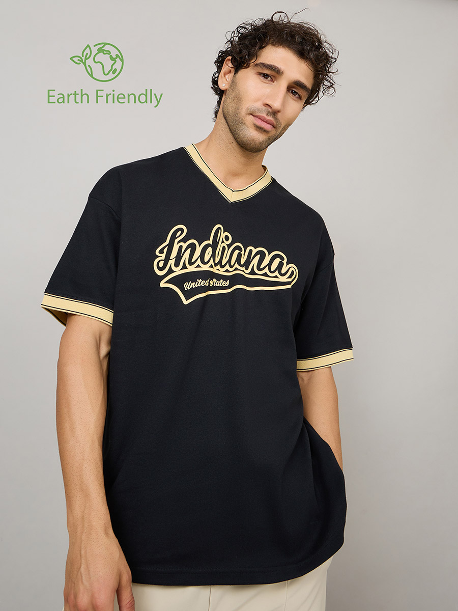 Buy Eco-Earth V Neck Tipping Rib Detail Oversized T-Shirt Black For Men ...