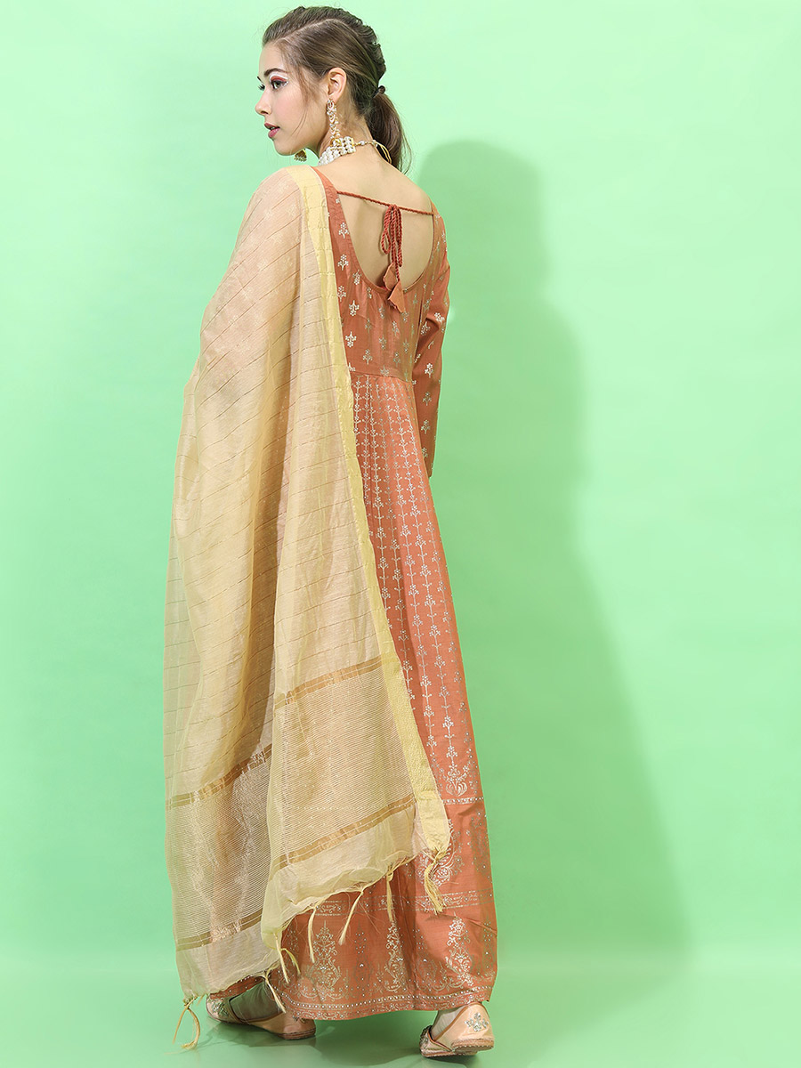 SCAKHI Yellow Printed Maxi Dress With Dupatta