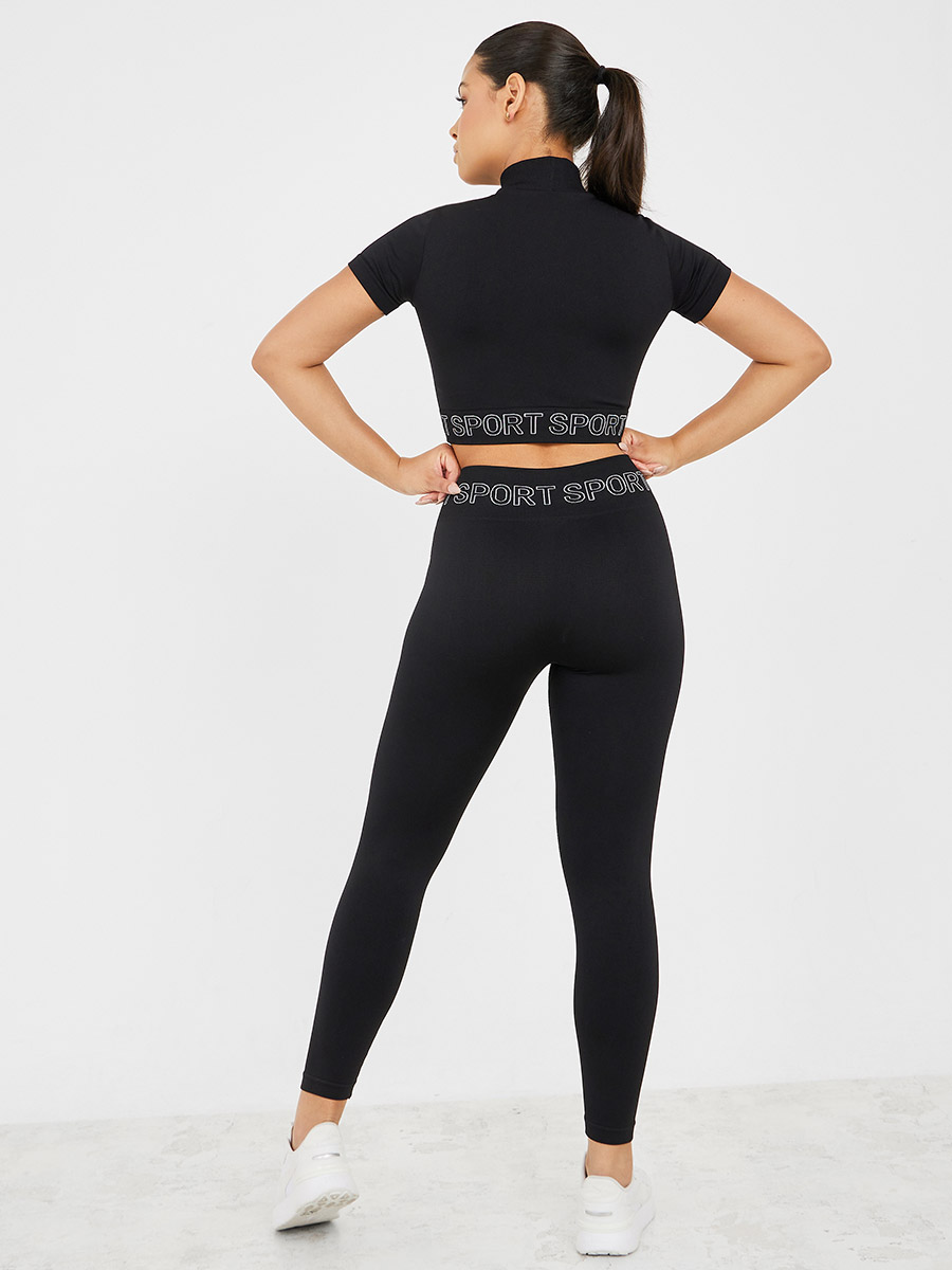 Buy Seamless Printed Underband Top and Printed Waistband Leggings Set Black  For Women