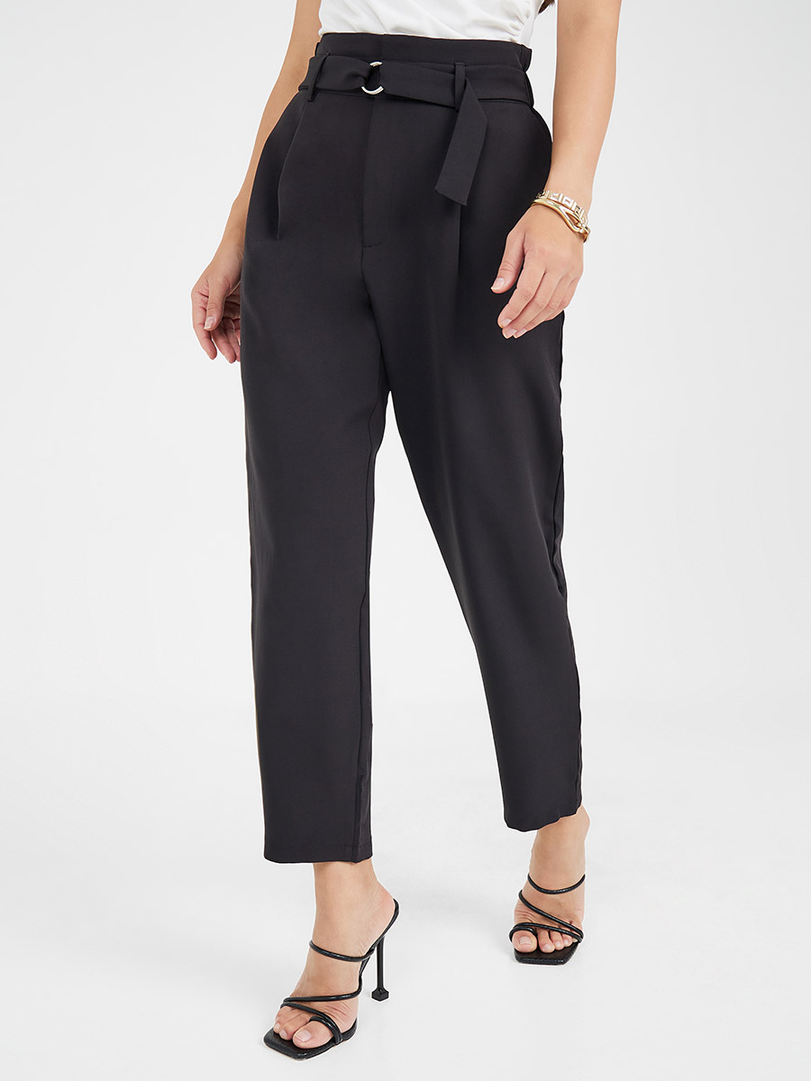 Black Faux Leather Tie Waist Tapered Trousers - Calina | Fashion, Leather  pants outfit, Leather trousers outfit