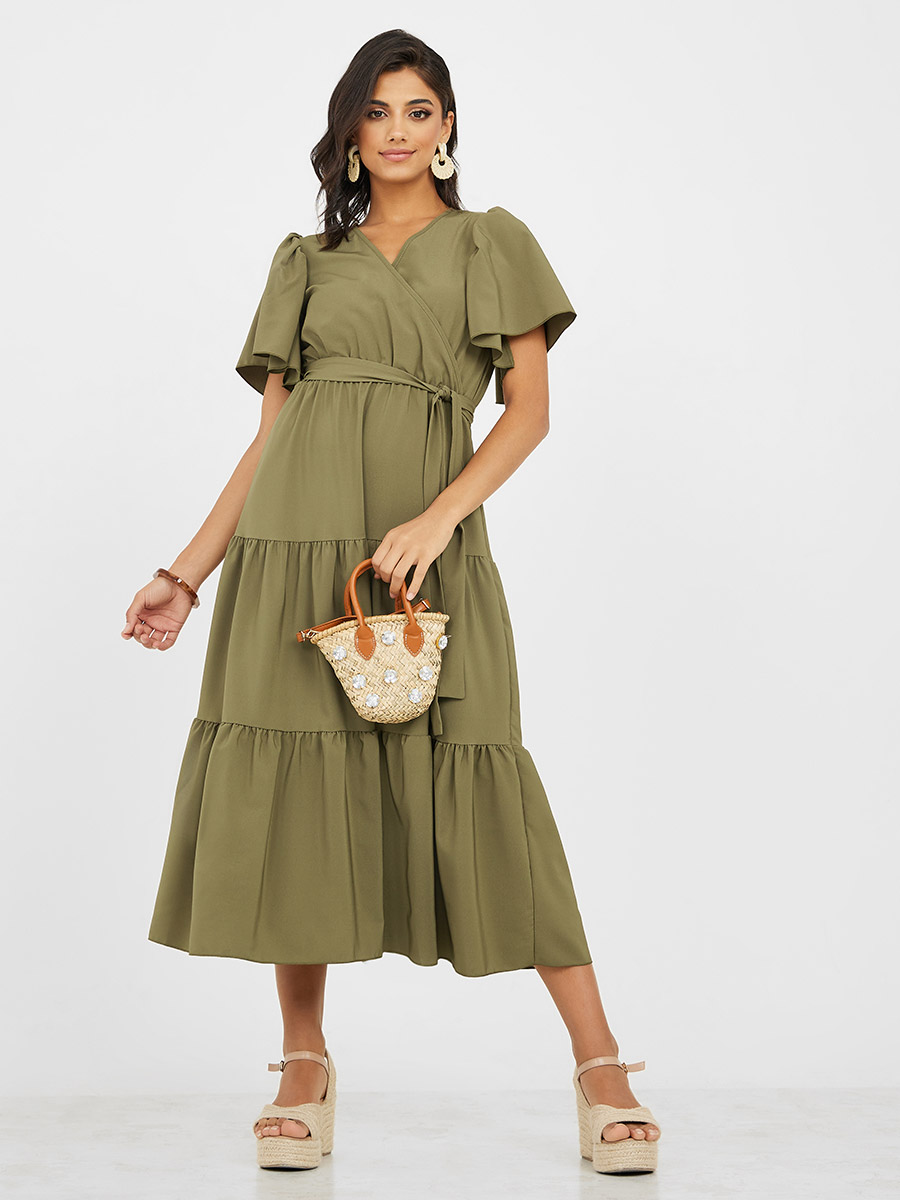 Buy Esprit Women Textured Midi Casual Dress Olive Online, 54% OFF