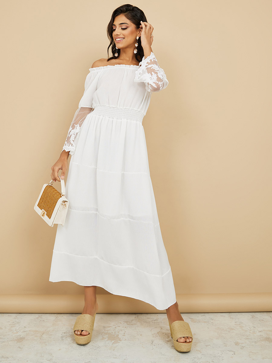 Off Shoulder Lace Insert Tiered Midi Dress