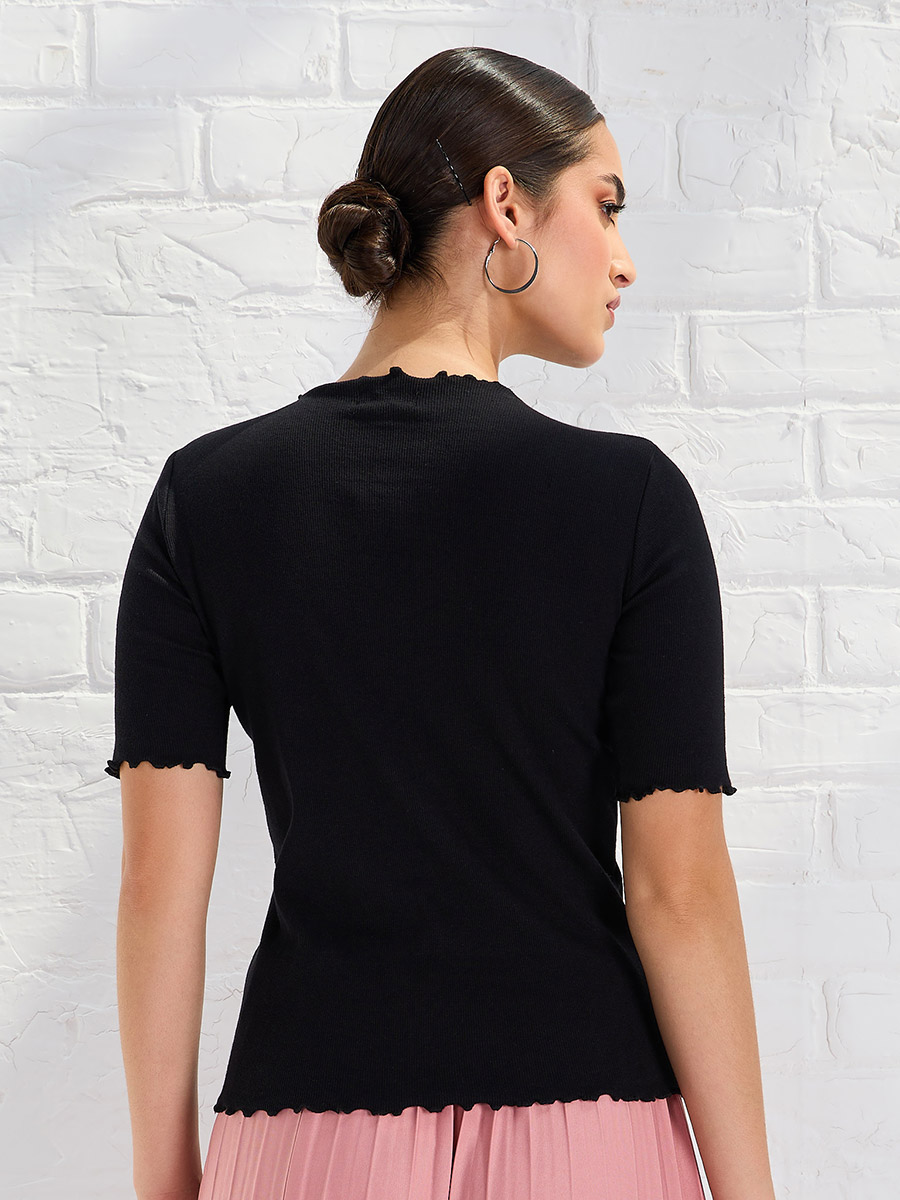 Fitted Lettuce Edge Button Detail Ribbed T-Shirt