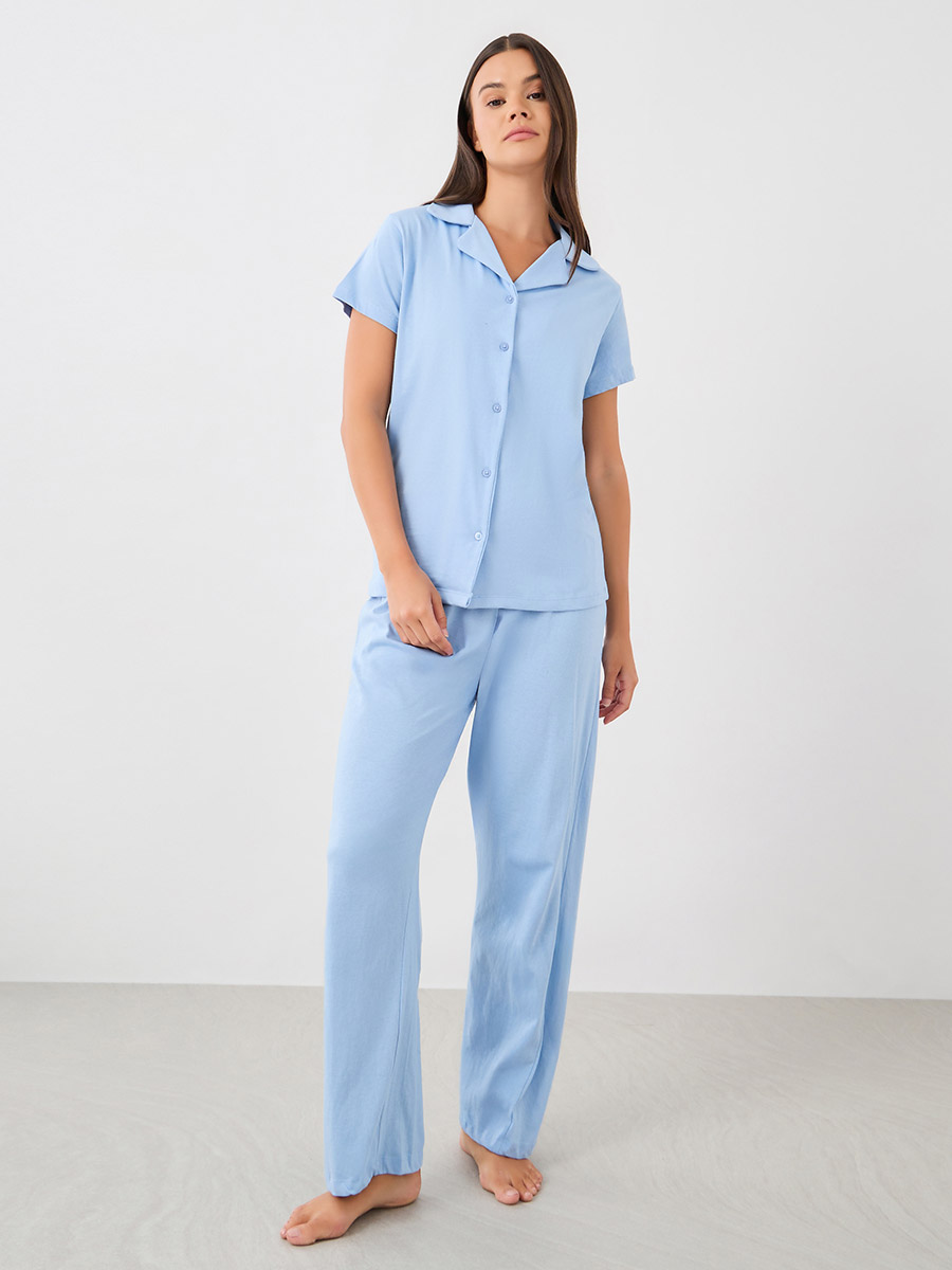Cotton Jersey Short Sleeve Shirt and Pyjama Set For Women at
