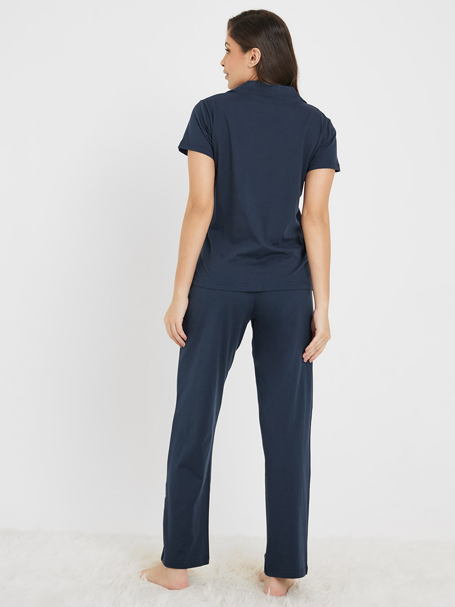 Buy Cotton Jersey Short Sleeve Shirt & Pyjama Set Navy Blue For 