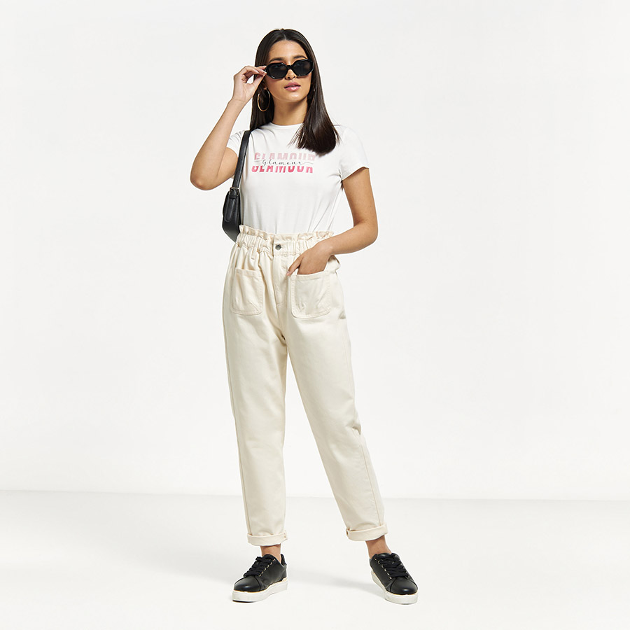 Buy Paperbag Waist Relaxed Fit Slouchy Jeans Cream For Women | Styli Saudi