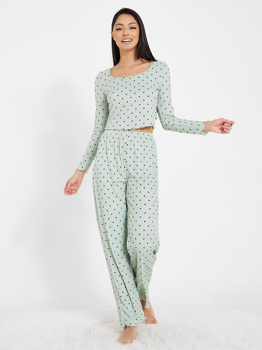 Spot Print Lettuce Hem Rib Top & Pyjama Set