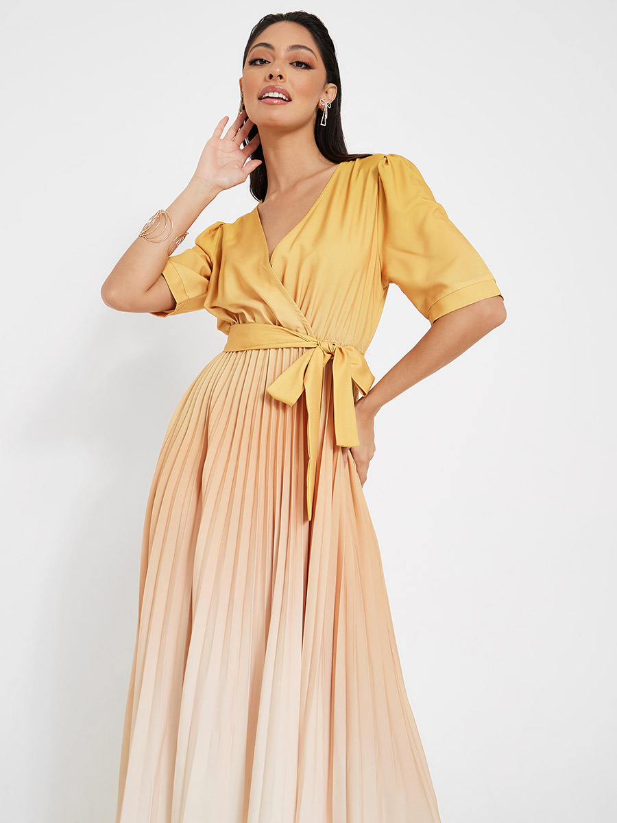 Buy Ombre Look Pleated Hem Belted Maxi Dress Yellow For Women Styli UAE