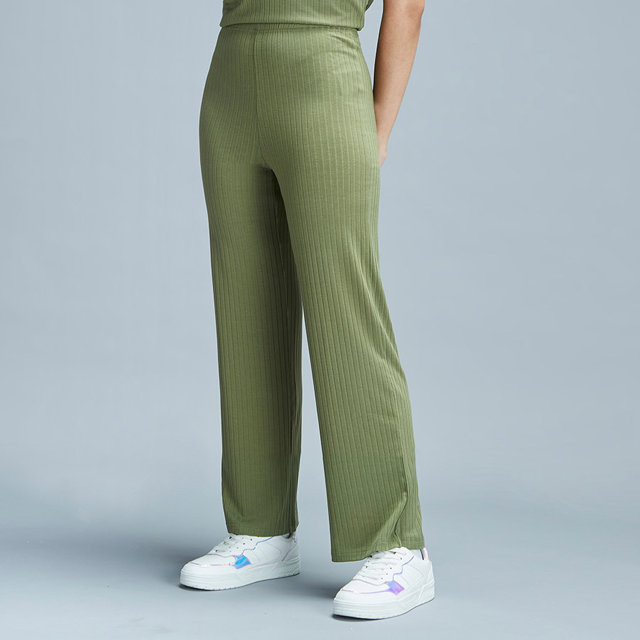 Ribbed Wide Leg Jogger with Elasticated Waistband For Women at UAE