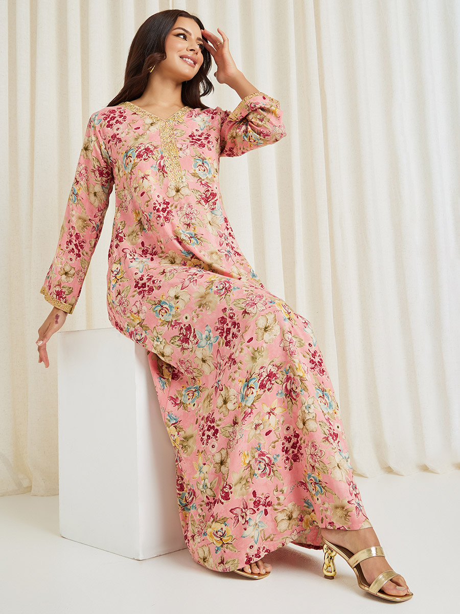 Buy Embroidered Floral All Over Print Jalabiya Pink For