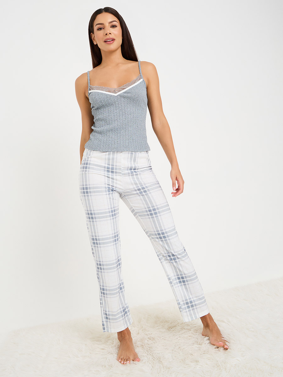 Buy Contrast Trim Textured Lace Cami and Check Pyjama Set