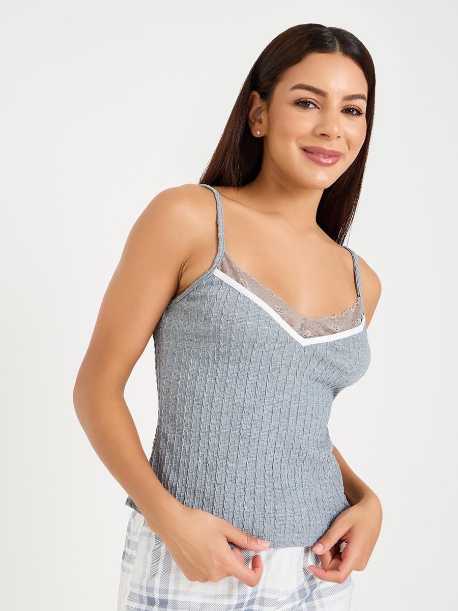 Buy Contrast Trim Textured Lace Cami and Check Pyjama Set