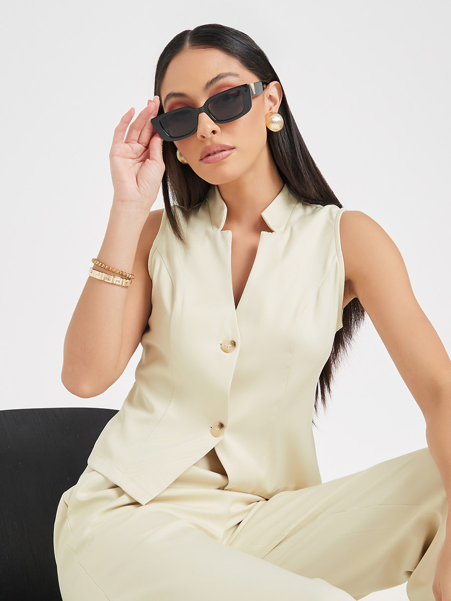 Buy Mandarin Collar Tailored Waistcoat Top Beige For Women Styli UAE