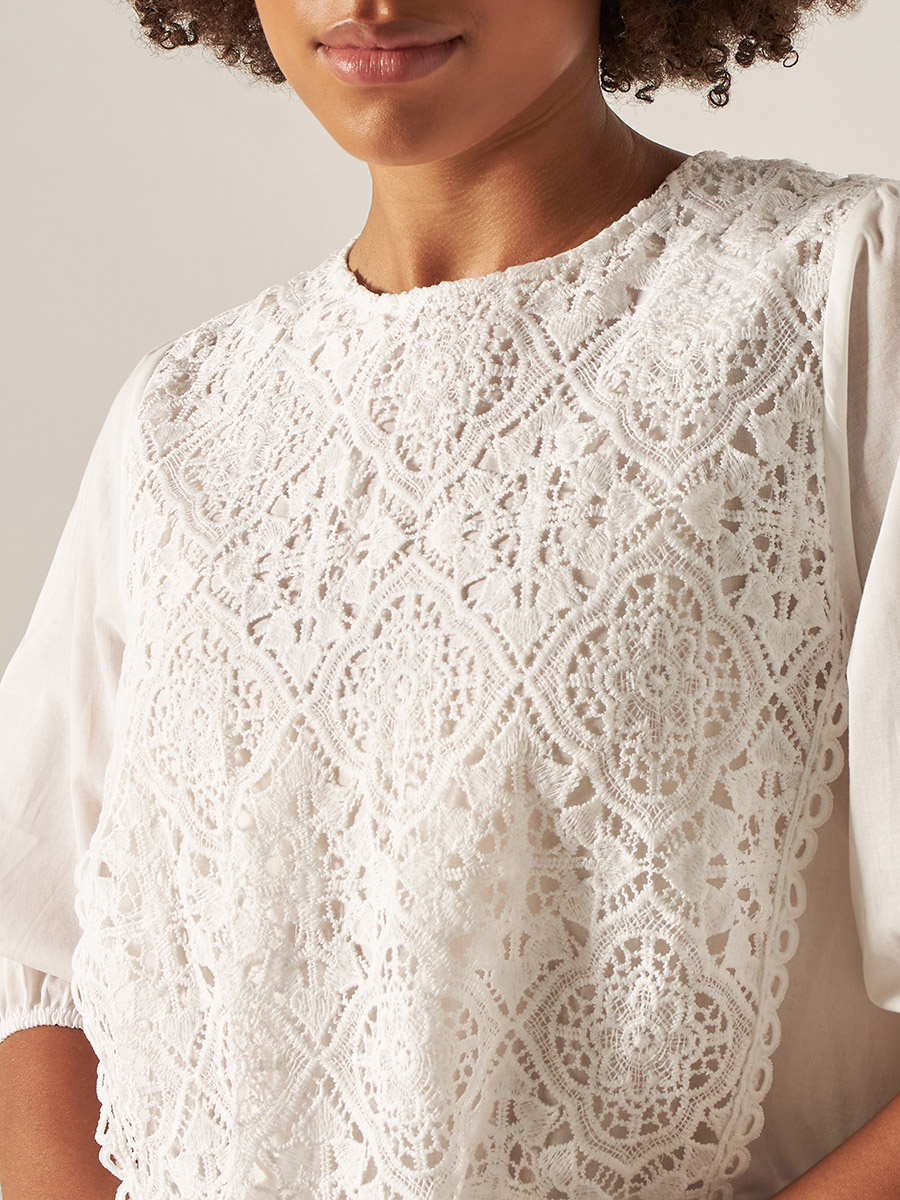 Buy Lace Overlay Peplum Top with Cuffed Sleeve White For