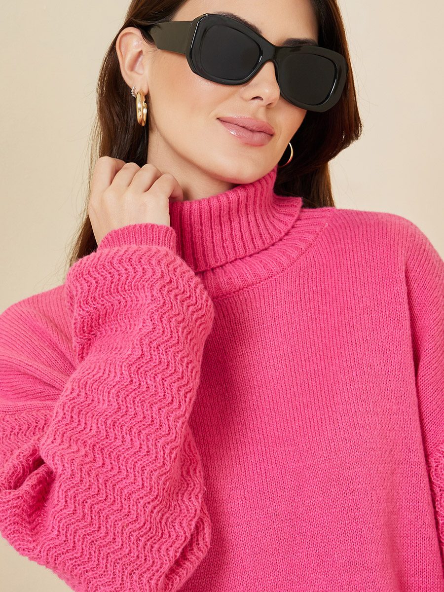 Buy Oversized Volume Sleeve Turtle Neck Sweater Pink For