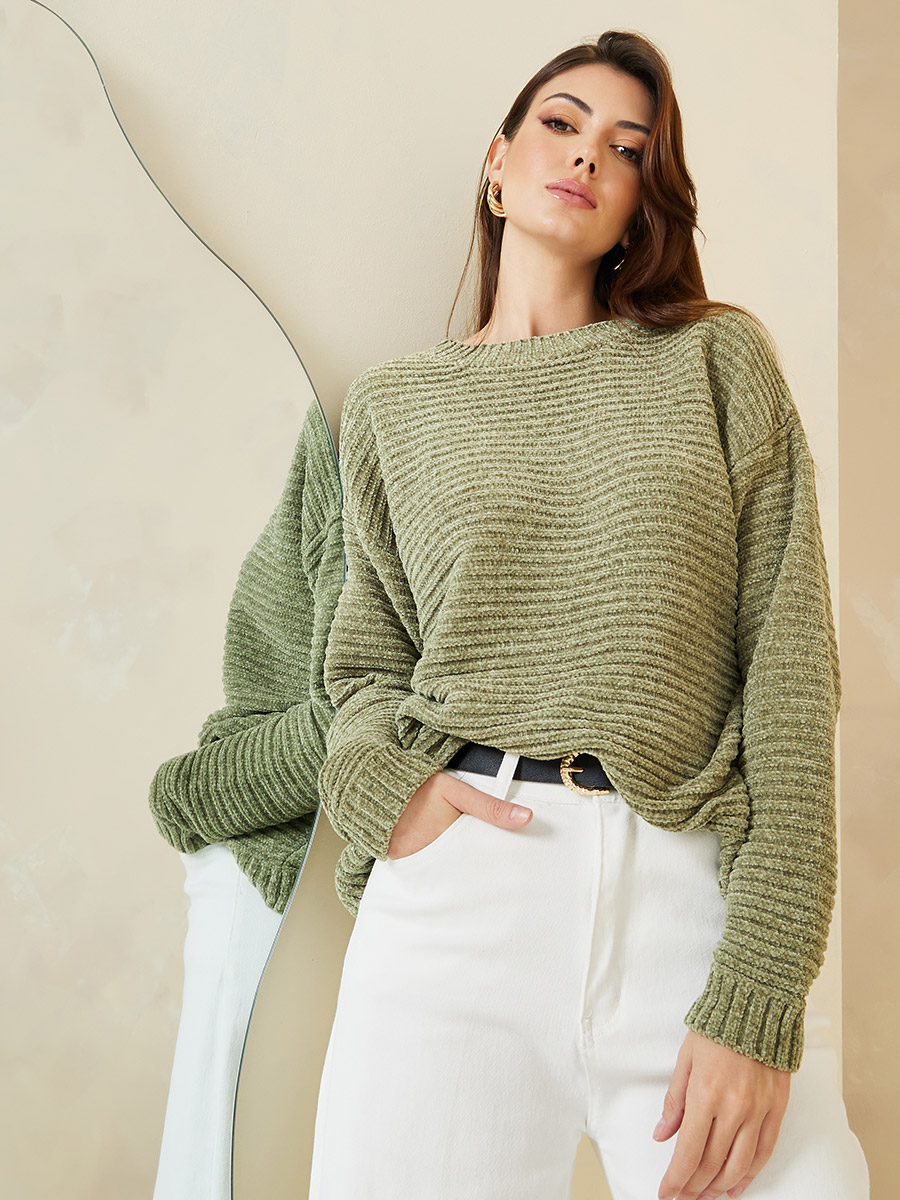 Textured Regular Fit Chenille Yarn Sweater For Women at