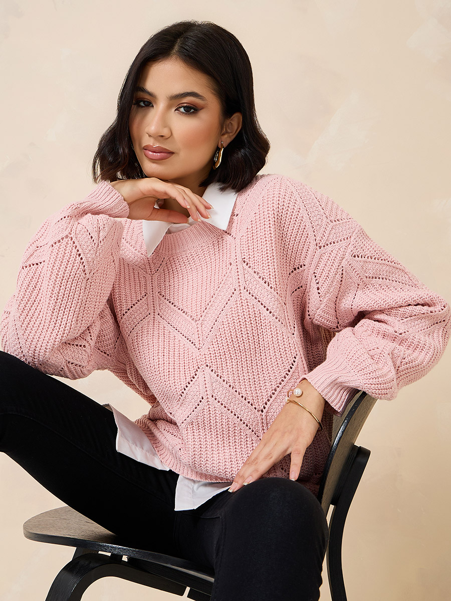 Oversized Textured Round Neck Sweater For Women at Saudi Styli