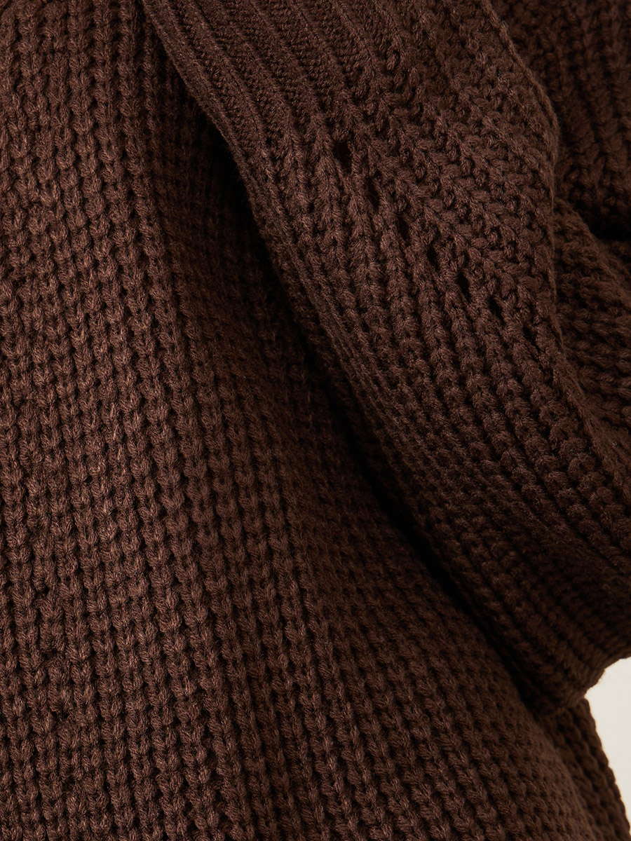 Brown Open Collar Chunky Knitted Jumper