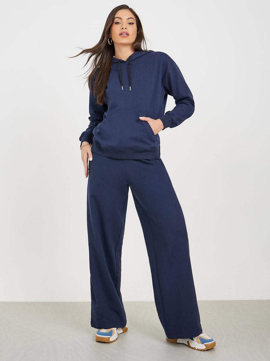 Buy Solid Hoodie Wide Leg Jogger Co Ord Blue For Women Styli Saudi