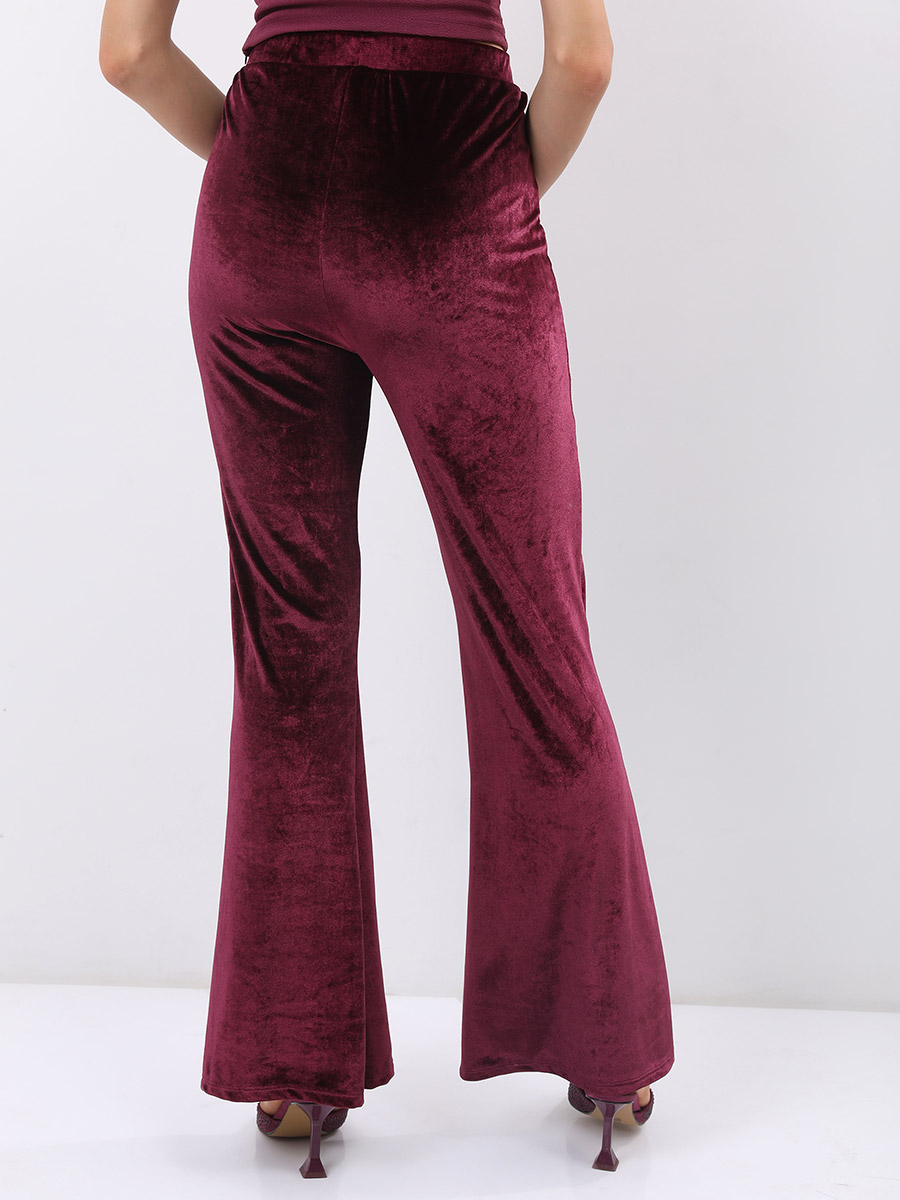 Buy High Rise Velvet Bootcut Pants Maroon For Women | Styli