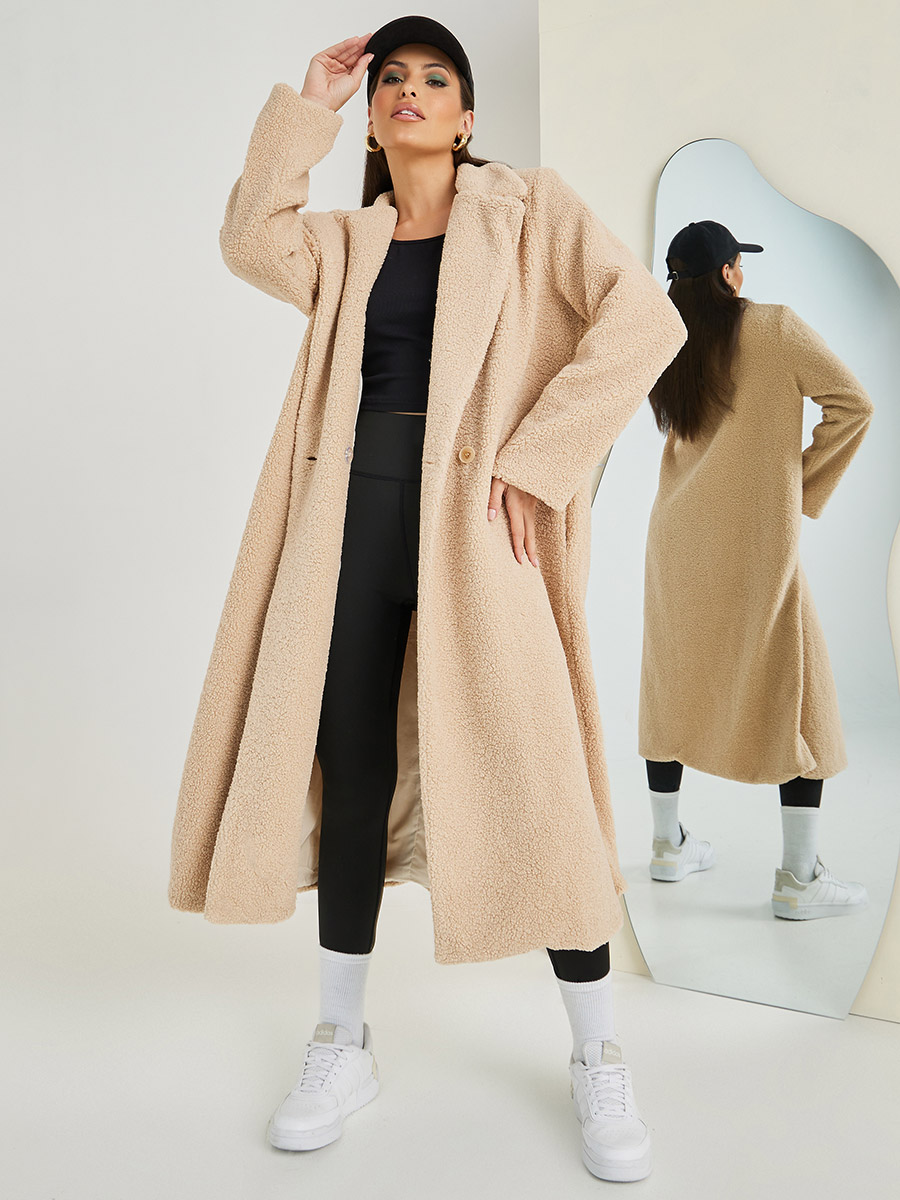 Regular Fit Faux Fur Double Breasted Midi Coat For Women at