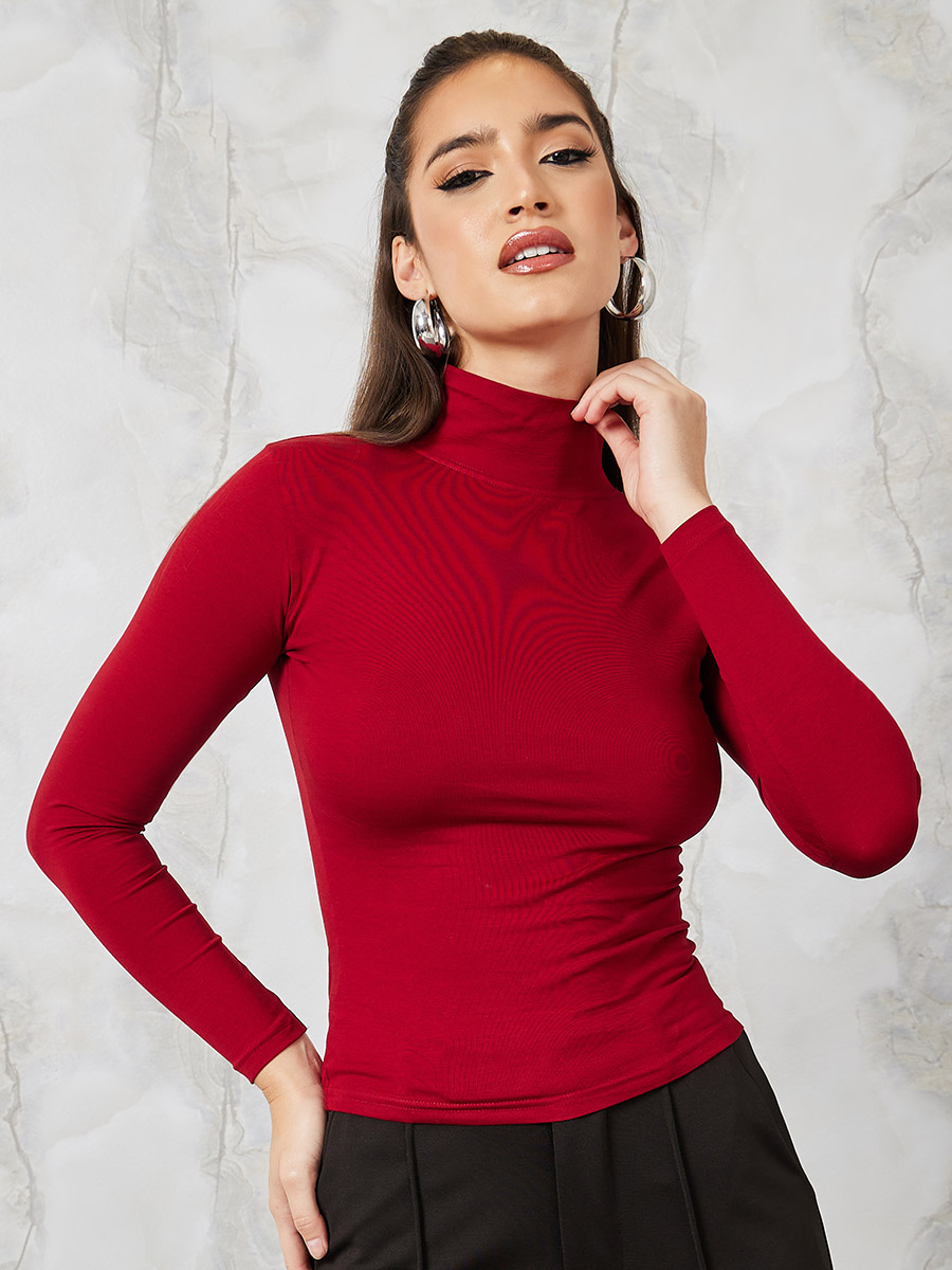 Turtle Neck Cotton Lycra Fitted T-Shirt For Women at UAE Styli