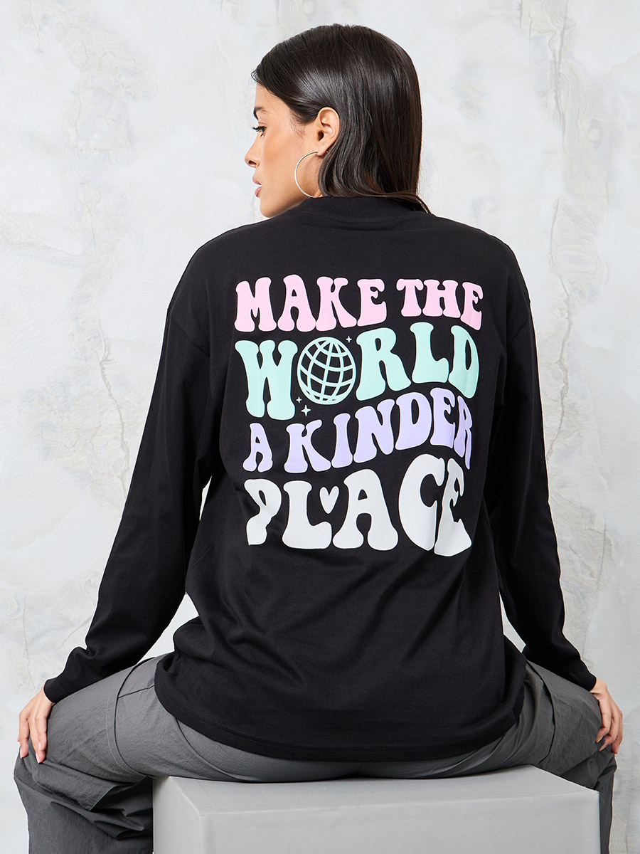 Buy Oversized High Neck A Kinder Place Slogan T-Shirt Black