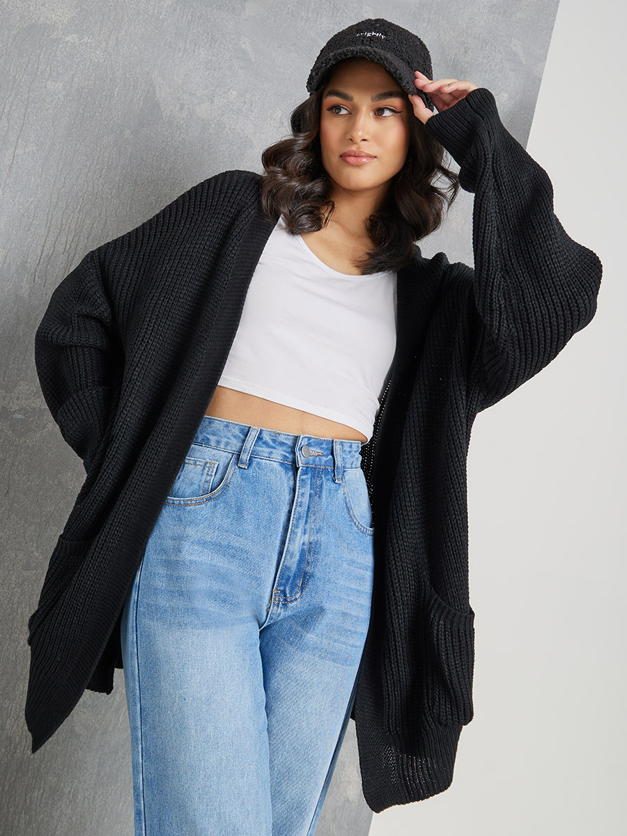 Oversized Ribbed Black Cardigan Buy Oversized Pocket Detail