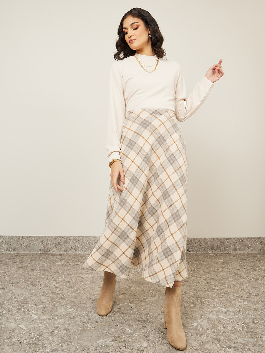 Flannel Print High Rise A-Line Midi Skirt For Women at Bahrain Styli